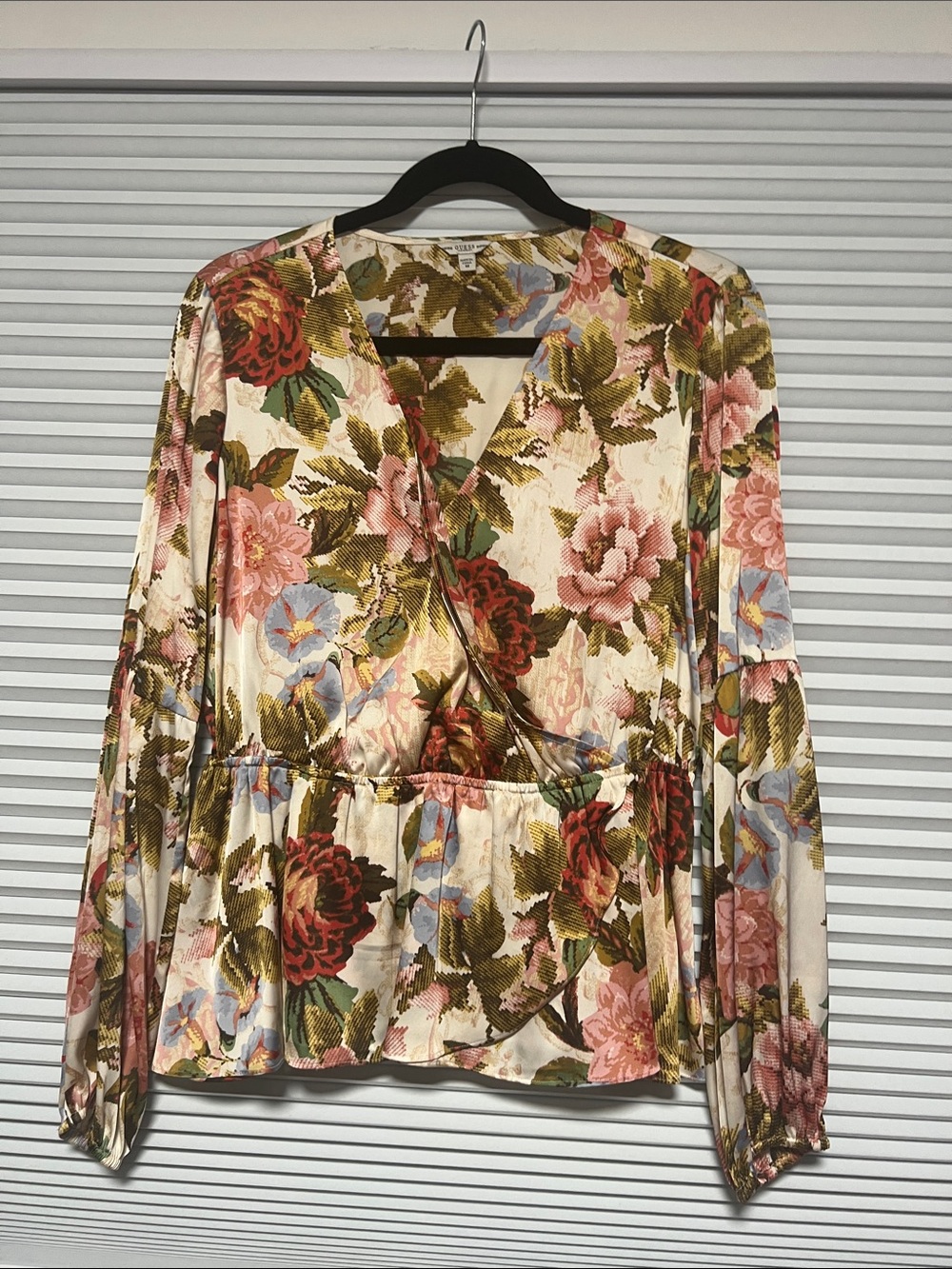 Guess Cream Floral Wrap Blouse with Pink & Red Blooms